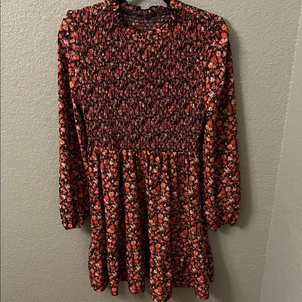 SHEIN Red Floral Long Sleeve Smocked Mini Dress